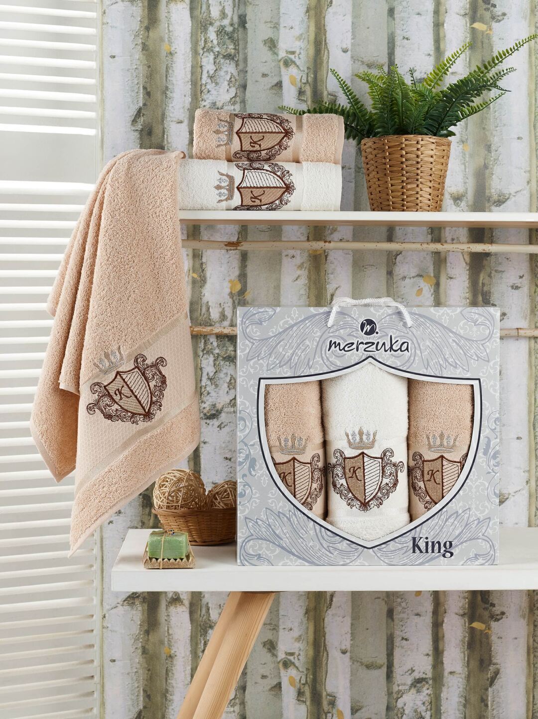 Набор полотенец махровых King Merzuka <3 предмета 50*90-2шт+70*140, бежевый> (арт.10544, 10545)