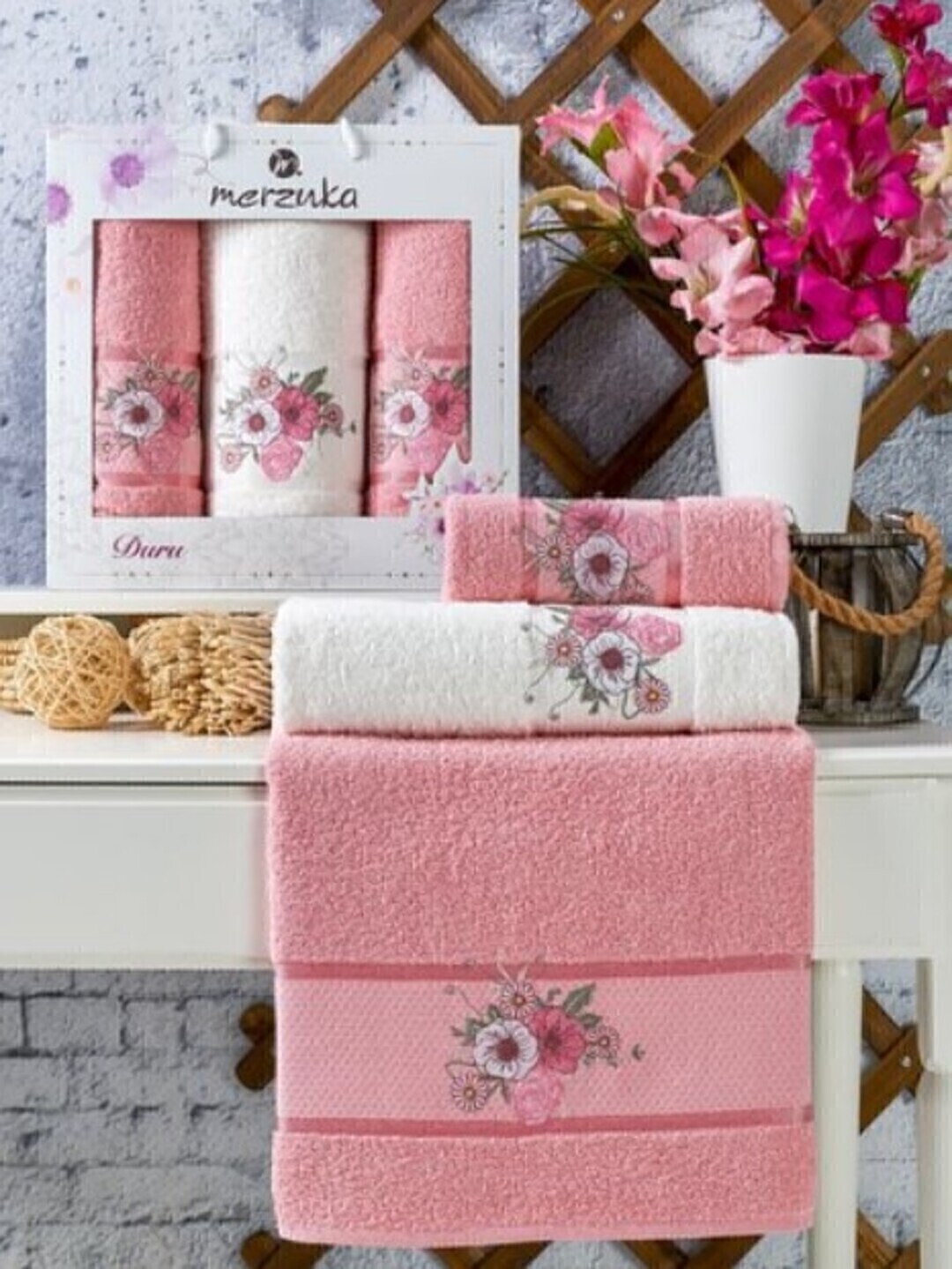 Набор полотенец махровых Duru Merzuka <3 предмета 50*90-2шт+70*140, брусничный> (арт.11778, 11779)