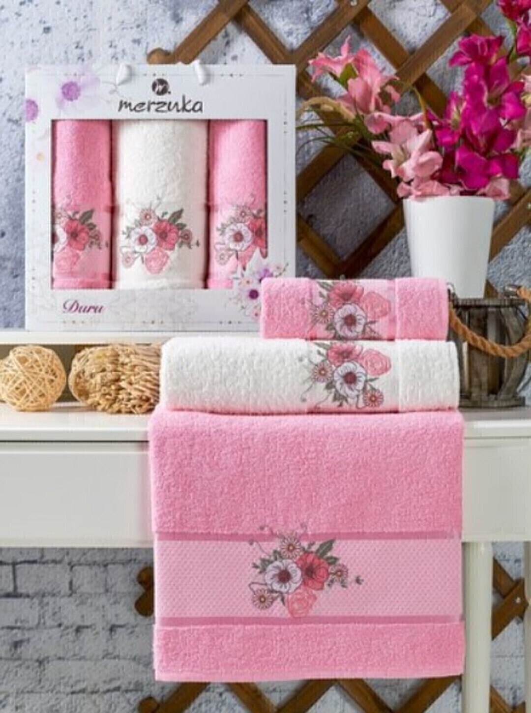 Набор полотенец махровых Duru Merzuka <3 предмета 50*90-2шт+70*140, розовый> (арт.11778, 11779)
